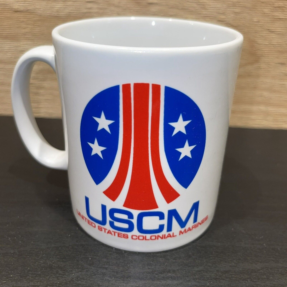 USCM Colonial Marines Logo 15oz Mug RARE Print White, Red & Blue EUC